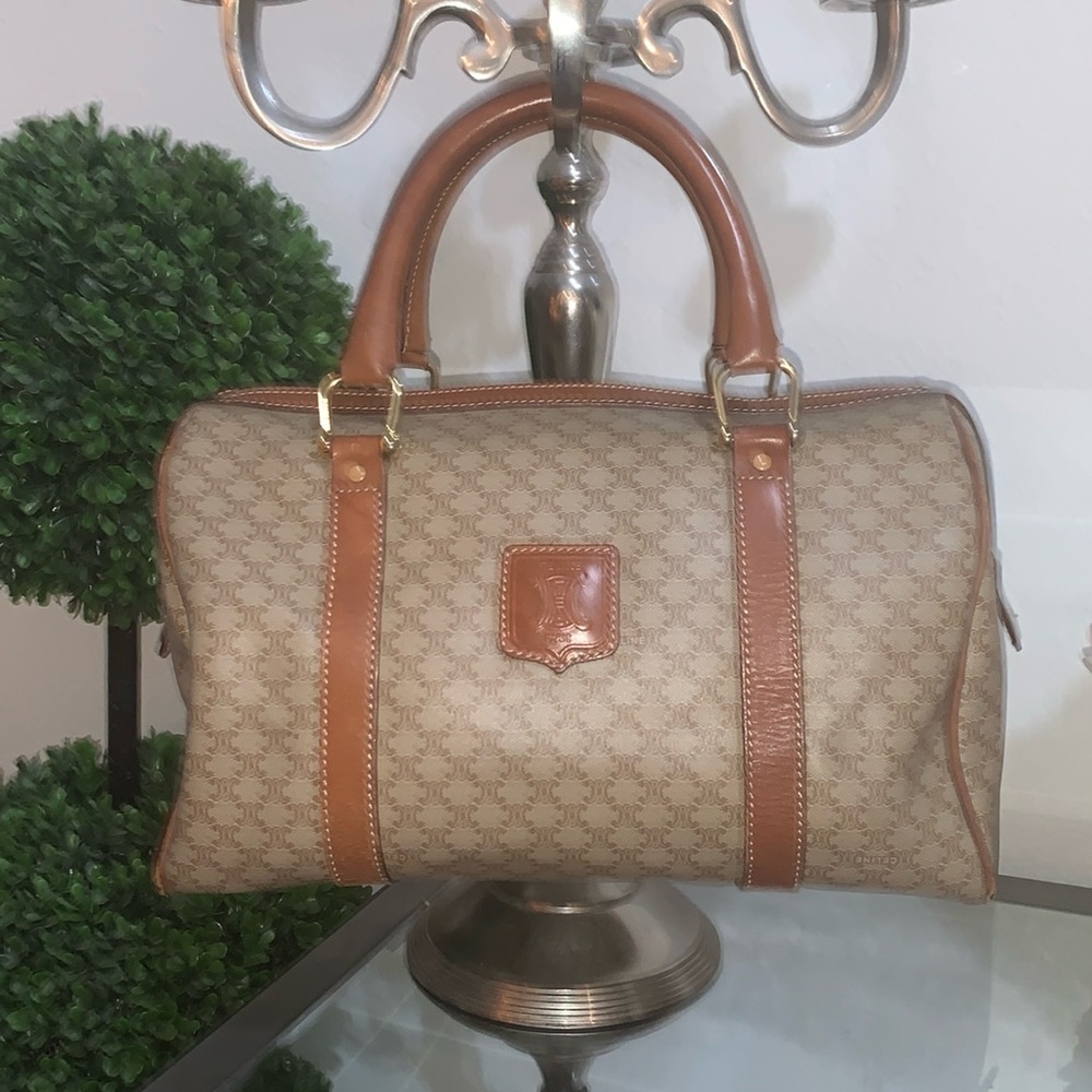 CELINE Vintage Macadam Blason Pattern Hand Boston Bag PVC Leather Beige …